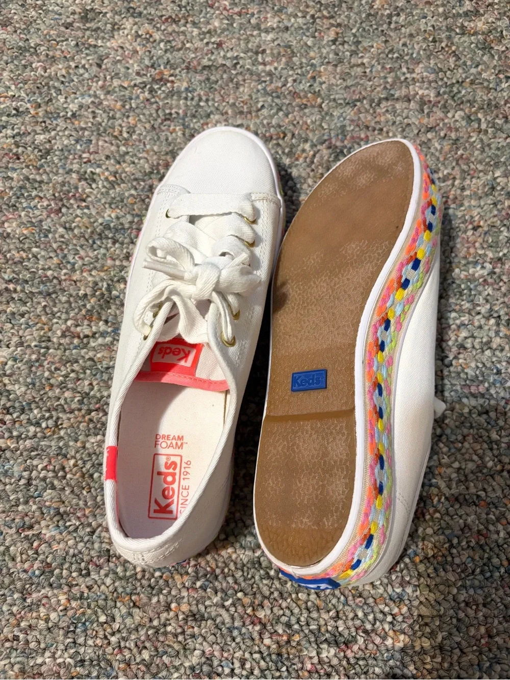 Keds White Canvas Sneakers with Multicolor Embroidered Platform